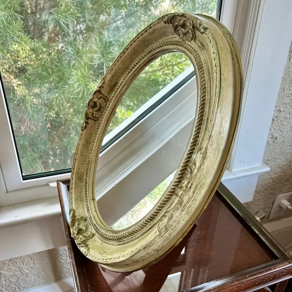Vintage Shabby Chic Oval Mirror – Decorative Resin, Tabletop or Hanging